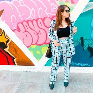 Topshop Check Double Breasted Suit Jacket - Size 10